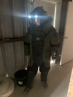 Firefighter in bomb squad uniform and gear