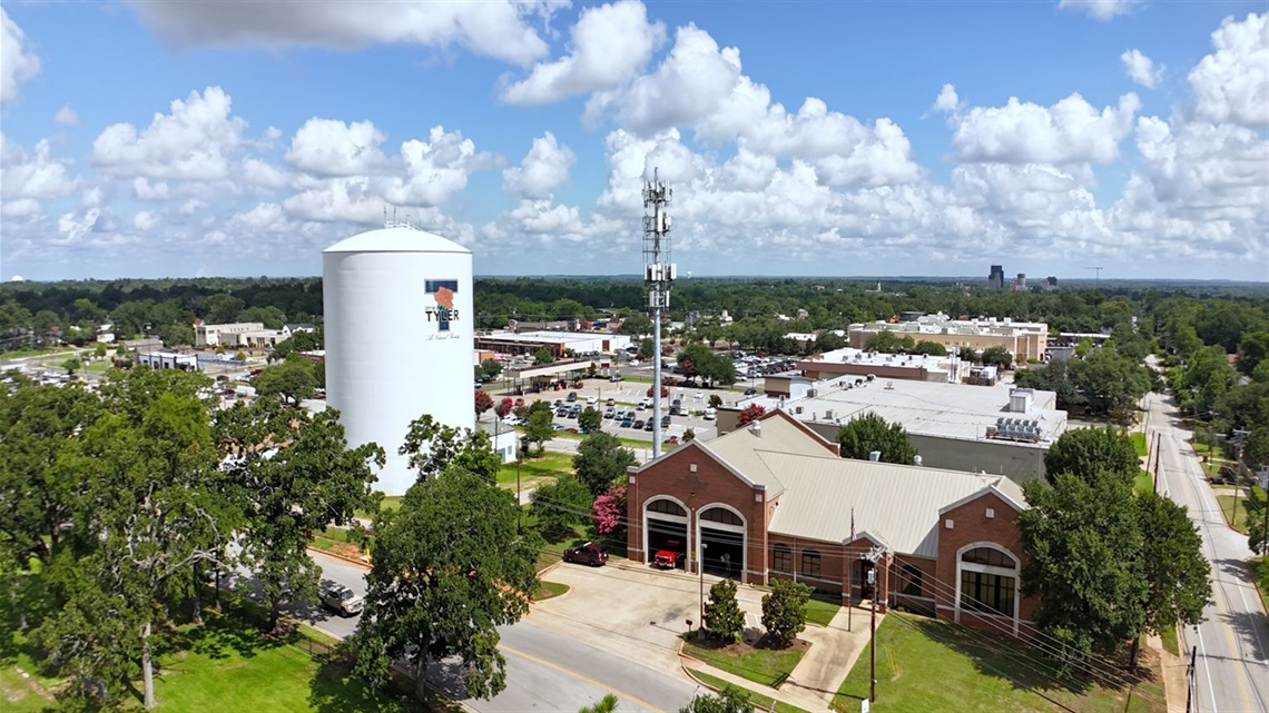 Aerial view of a fire station in a city